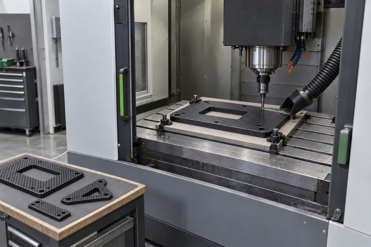 Usinage CNC · Pièces carbone · Illustration de procédé