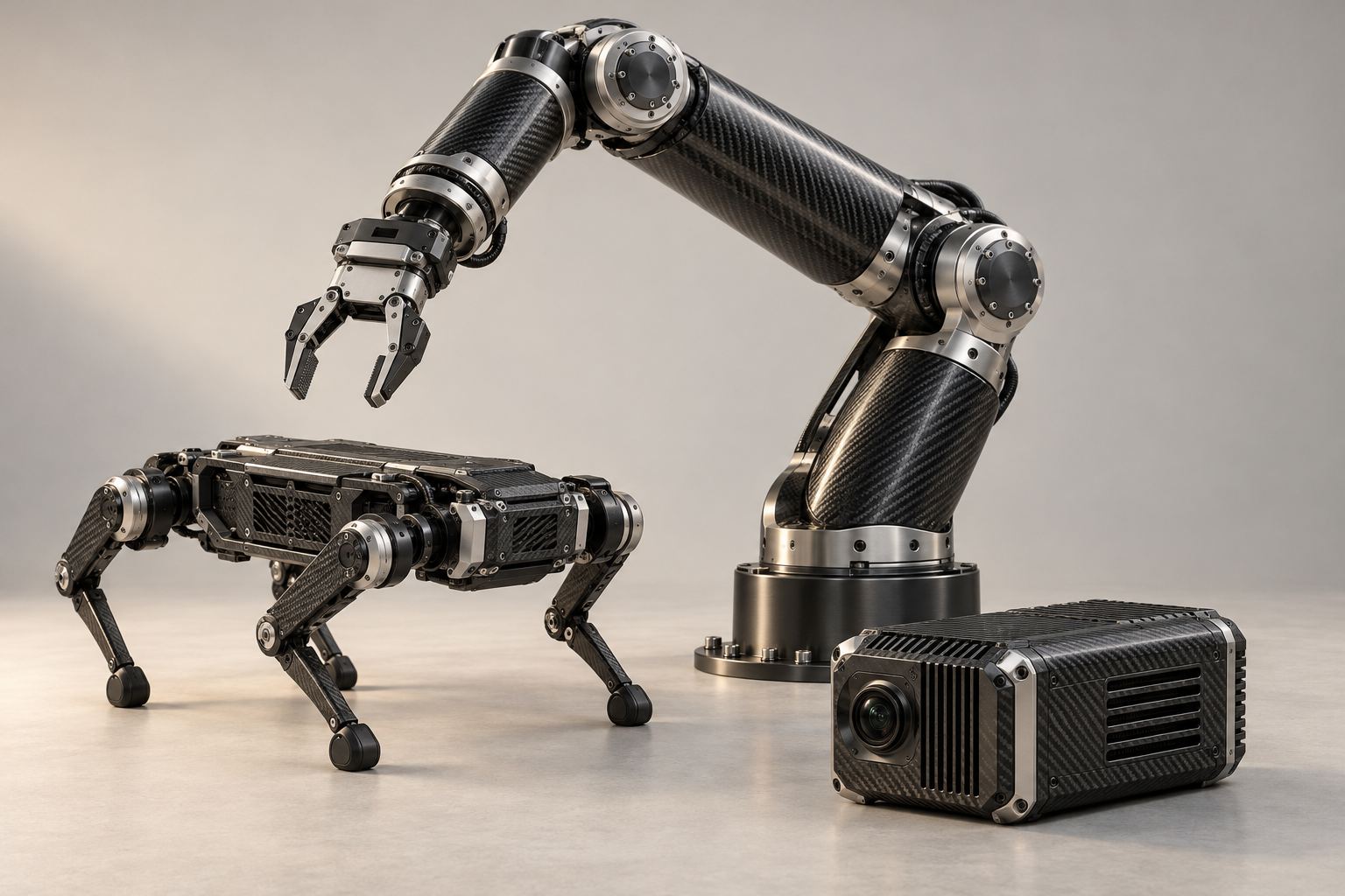 Carbon fiber robotics and AI hardware concept visualization